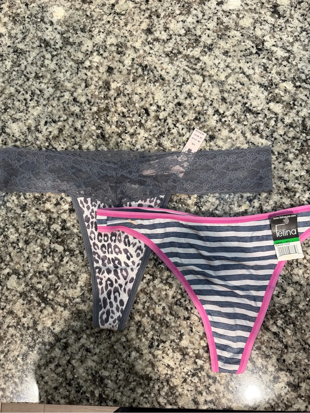 Striped & Leopard Print Thong Set in Gray and Pink